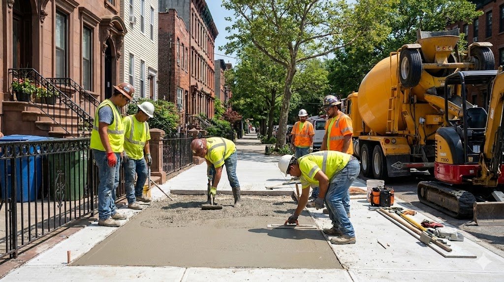 Construction workers pouring and smoothing concrete for a sidewalk project.