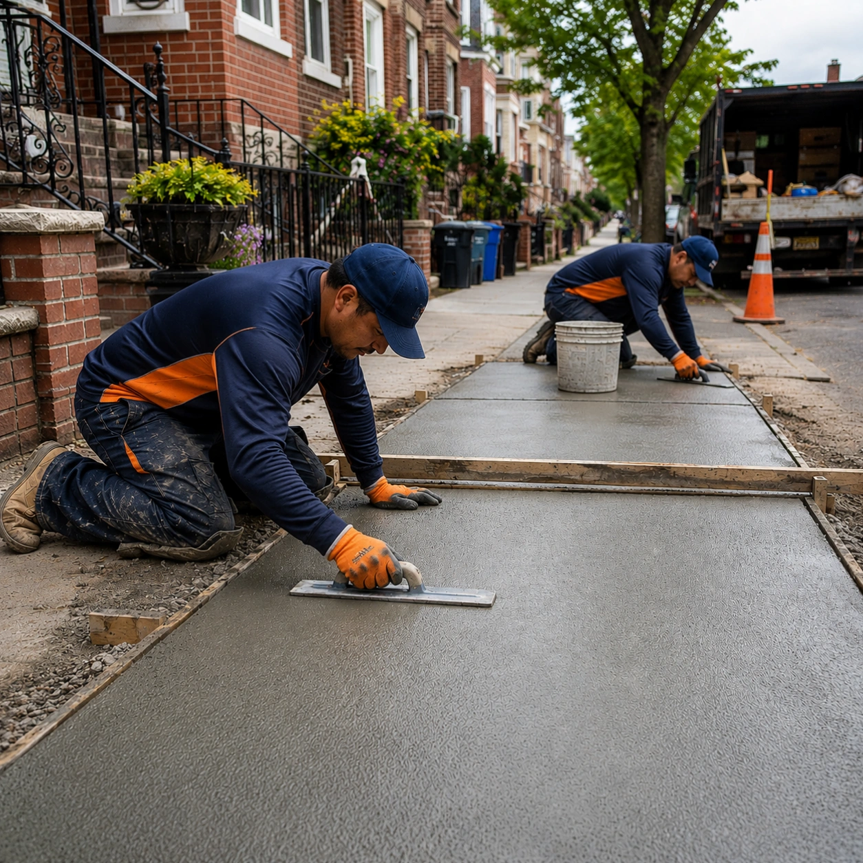 Concrete repair crew smoothing a new sidewalk on a Brooklyn property