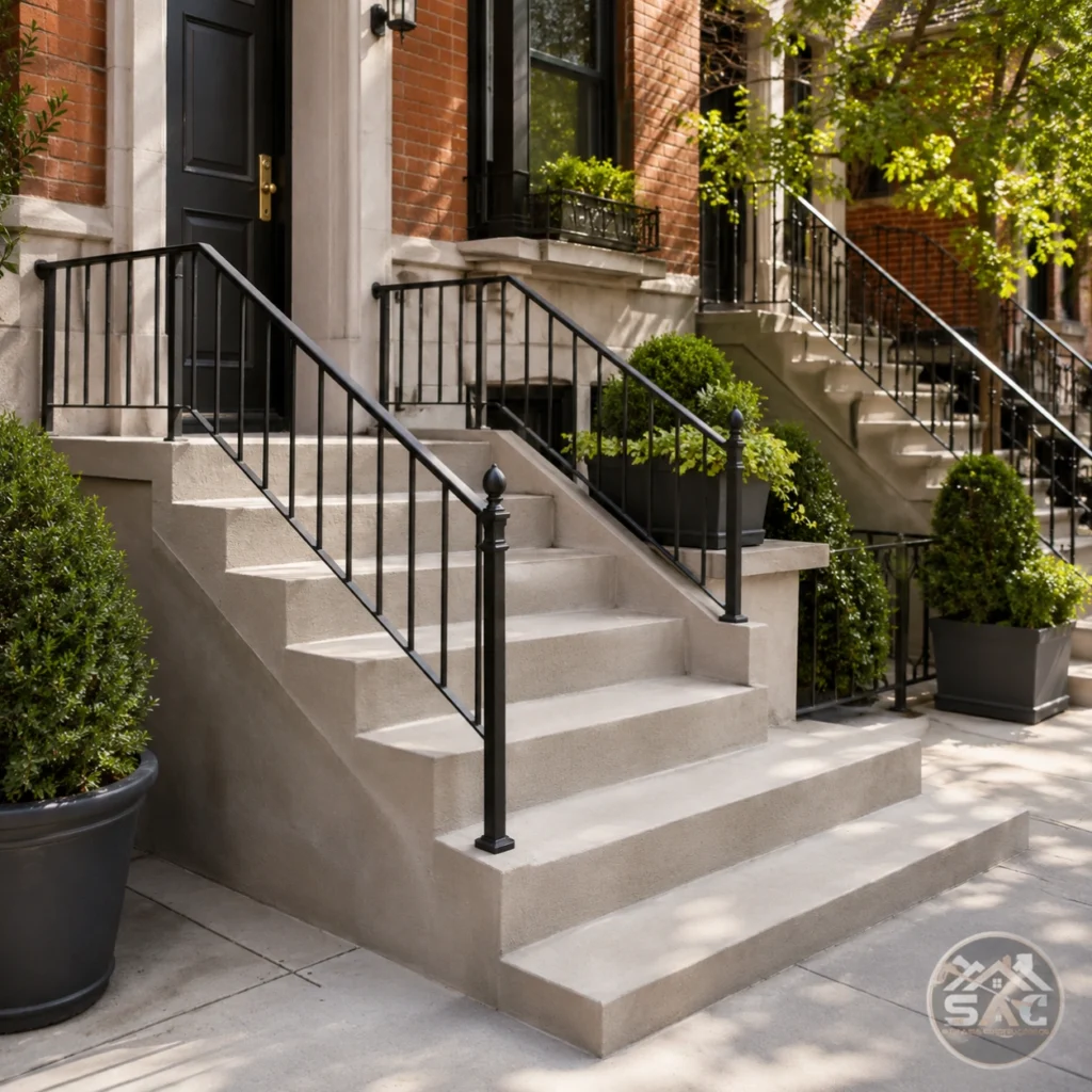 Restored concrete steps and stoop in front of a Brooklyn brownstone