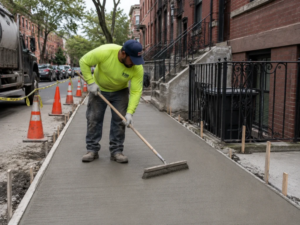 Worker applying broom finish to freshly poured concrete sidewalk in Brooklyn, NY