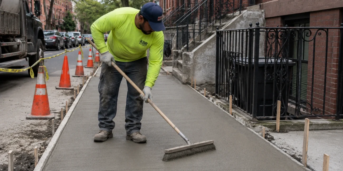 Worker applying broom finish to freshly poured concrete sidewalk in Brooklyn, NY