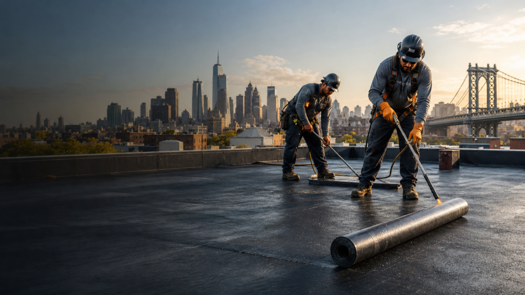 Roofing contractors installing a flat roof in Brooklyn, NY for a commercial building