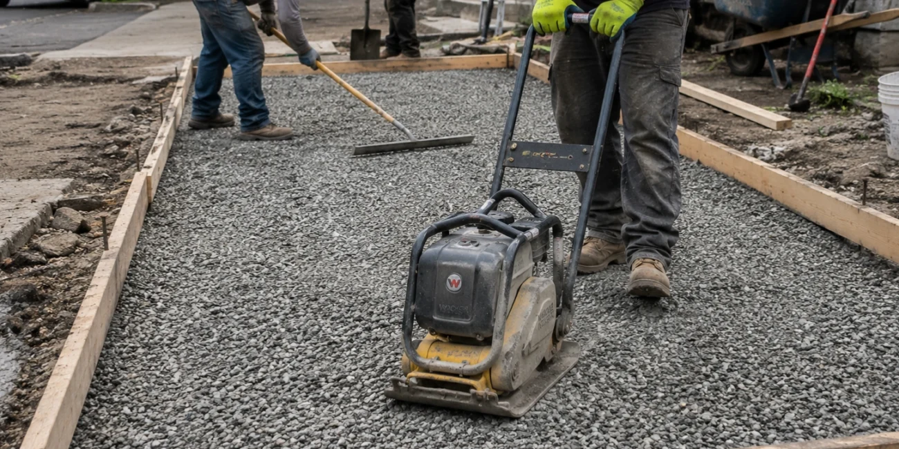Workers compacting gravel sub-base inside concrete forms on a NYC sidewalk job site