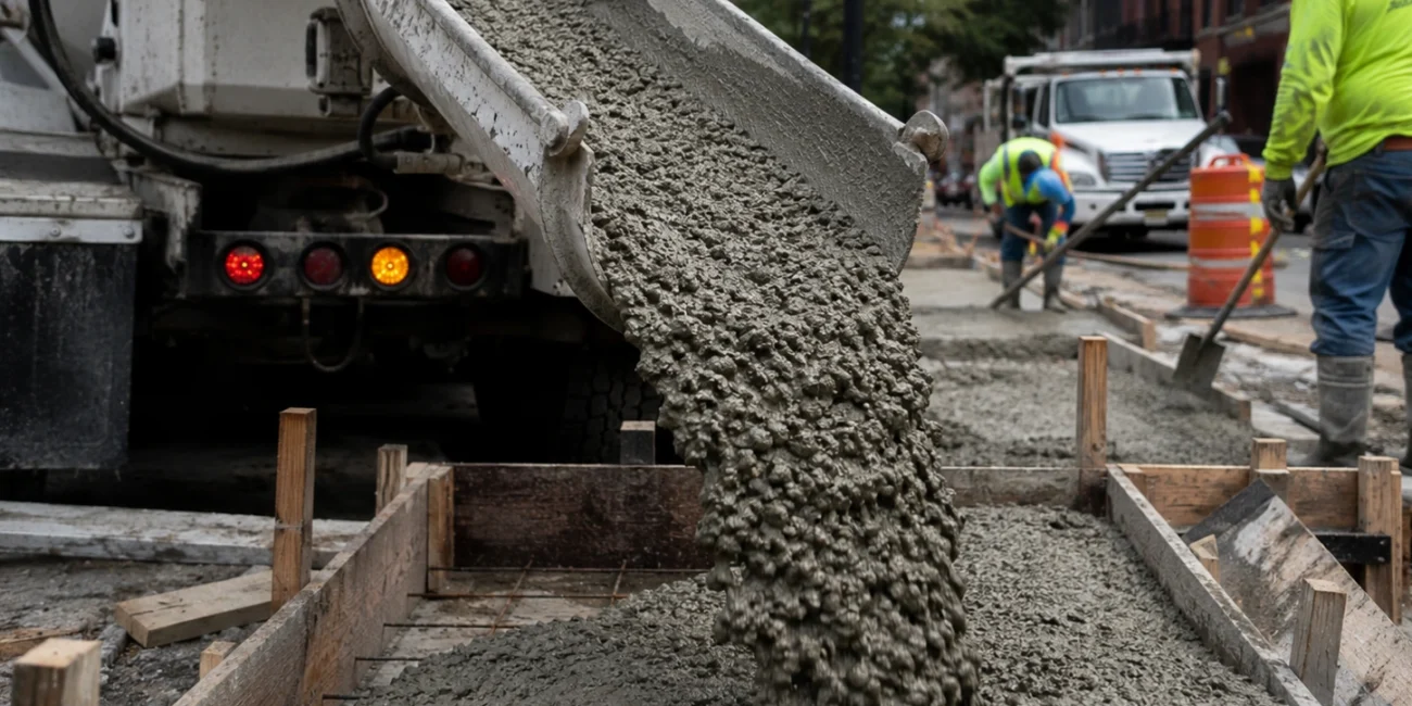 Concrete truck pouring high-strength concrete into sidewalk forms on a NYC street