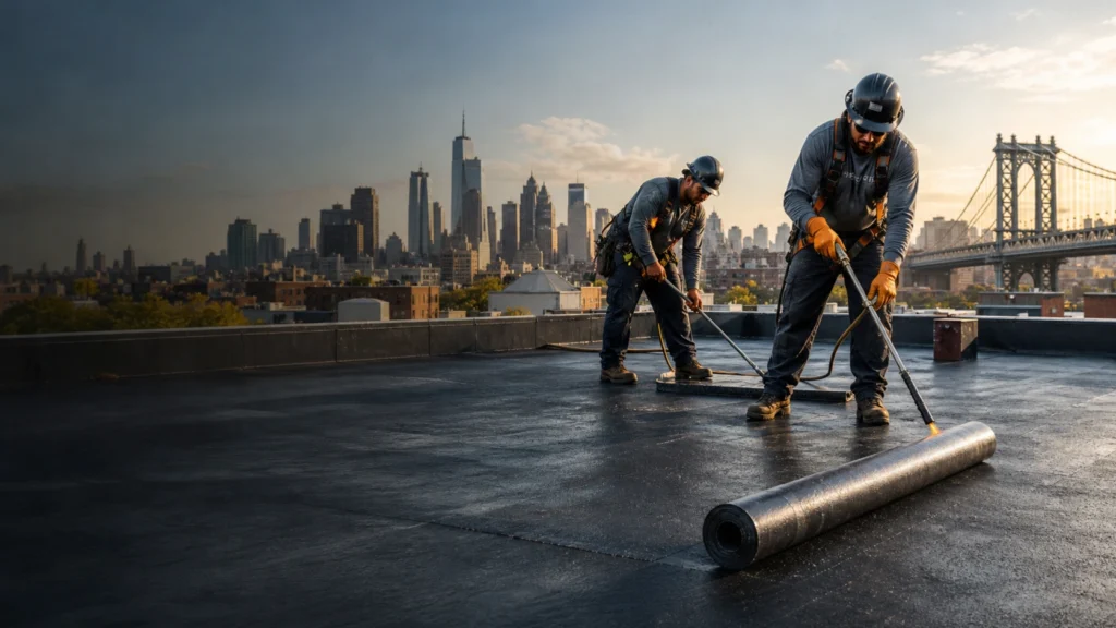 Roofing contractors installing a flat roof in Brooklyn, NY for a commercial building