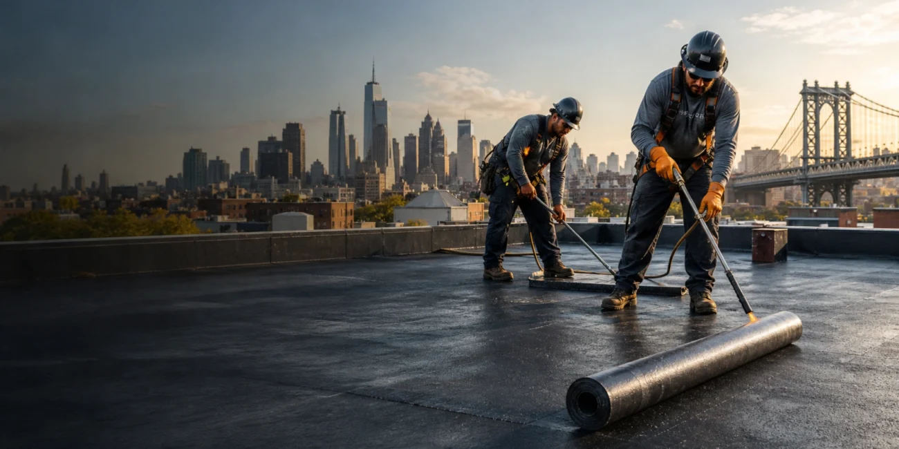 Roofing contractors installing a flat roof in Brooklyn, NY for a commercial building