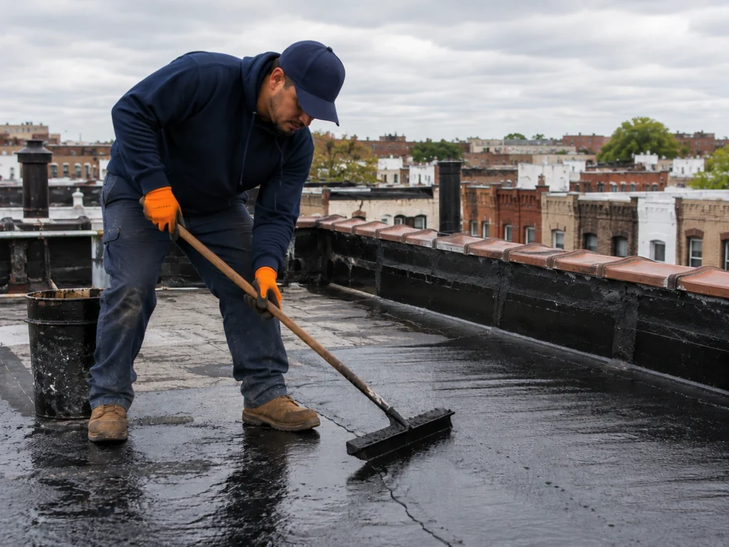Roofing contractor applying asphalt coating on a flat roof in Brooklyn, NY
