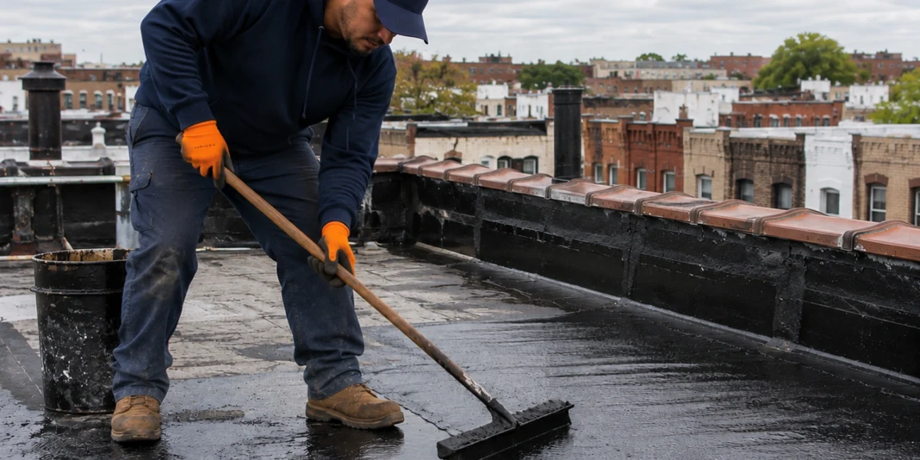 Roofing contractor applying asphalt coating on a flat roof in Brooklyn, NY