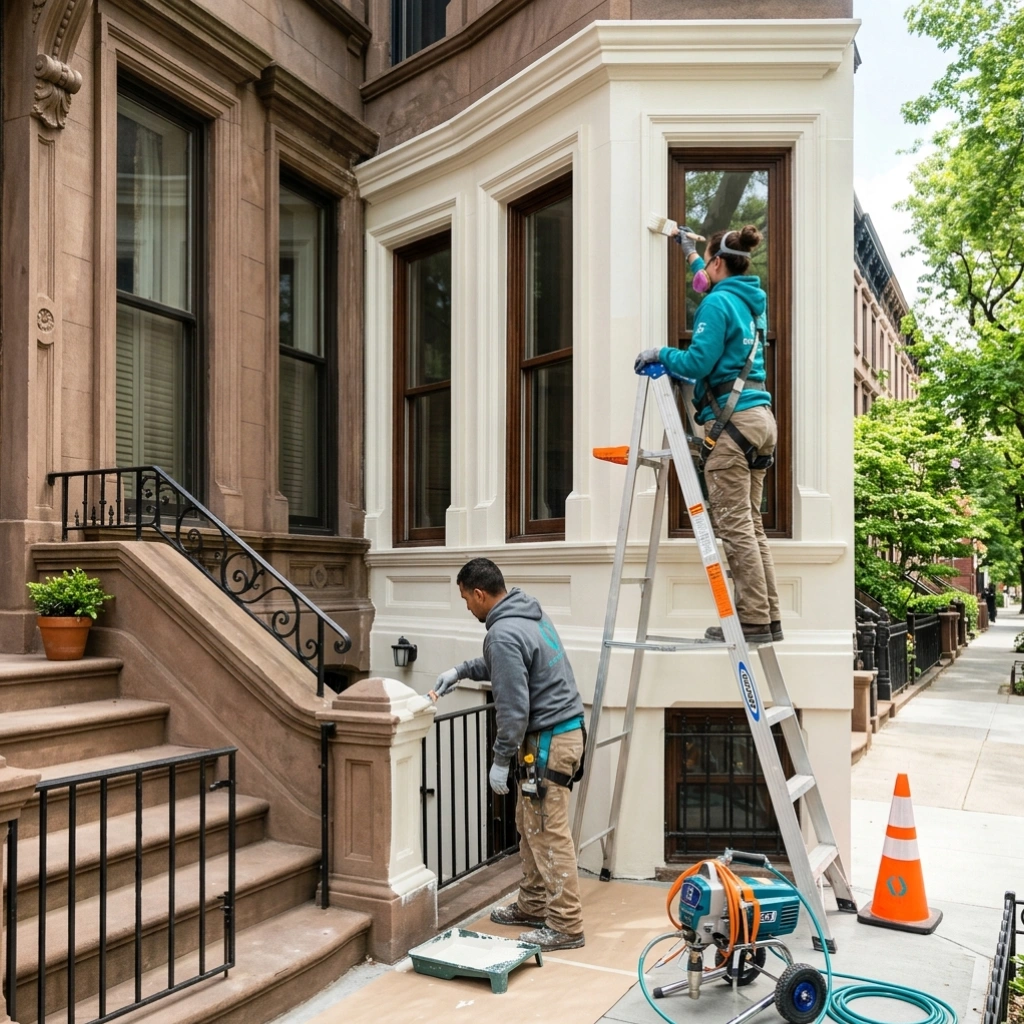 Painters working on exterior trim of a Brooklyn brownstone home