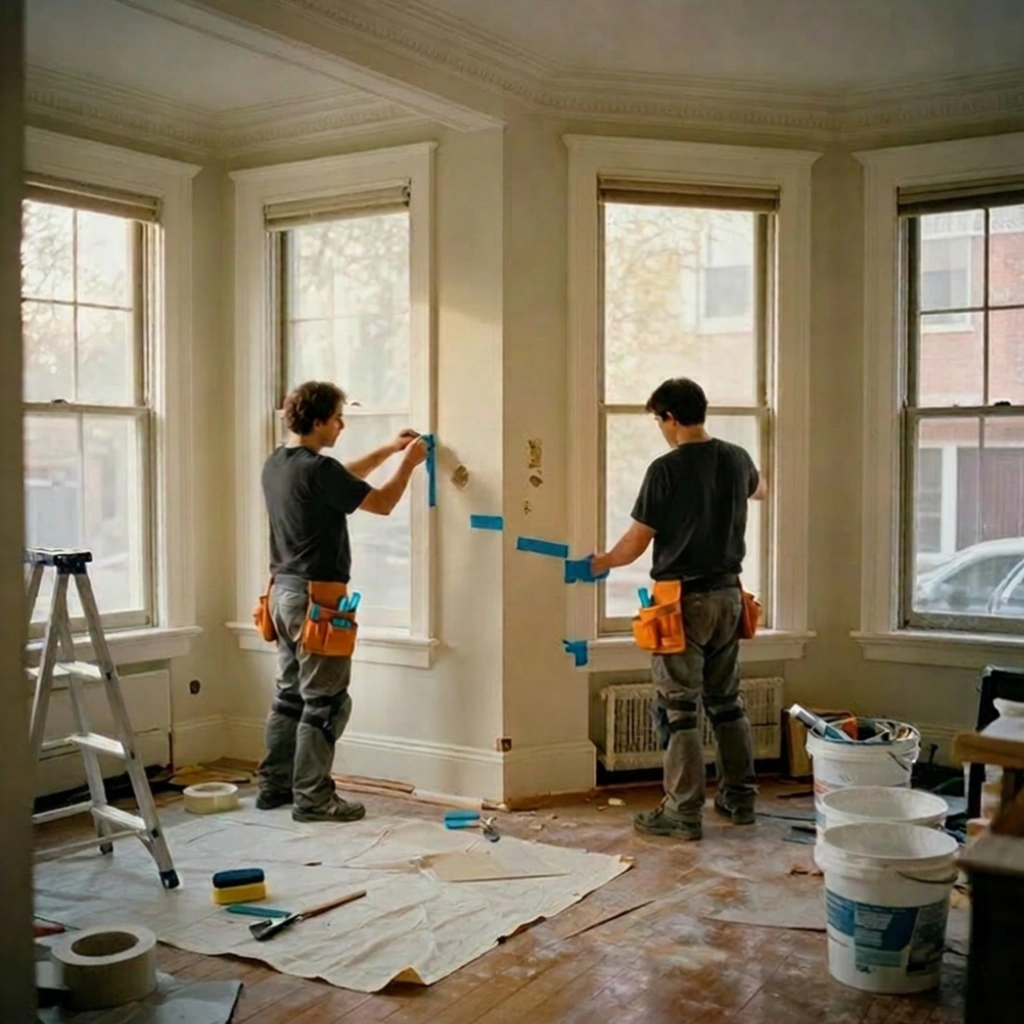 Painters protecting floors and refreshing the interior of a Brooklyn home