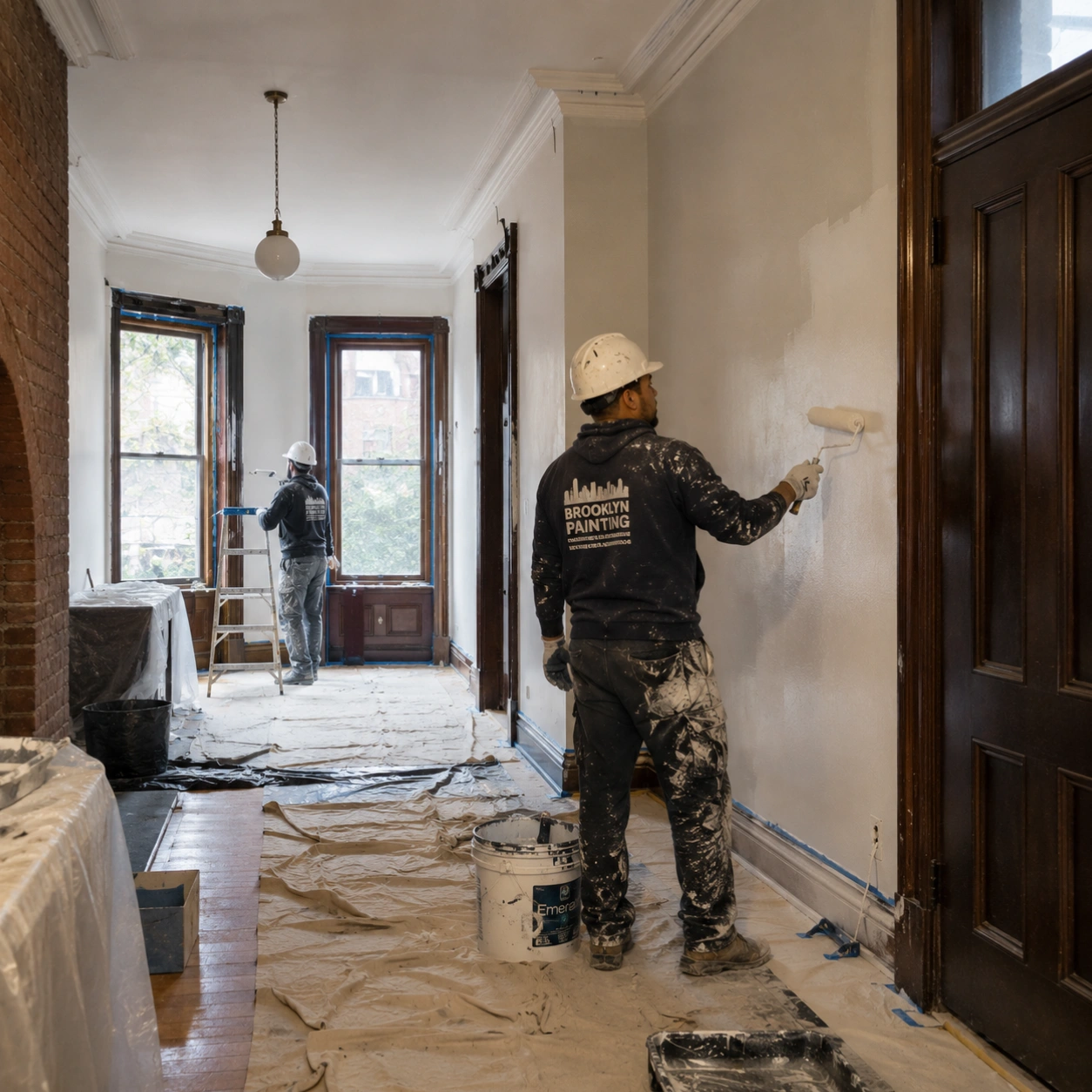 Interior painters applying fresh paint inside a Brooklyn brownstone home