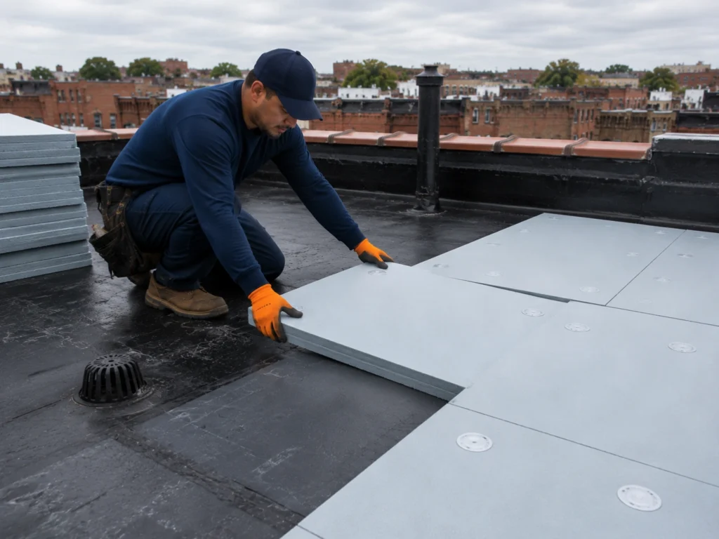 Roofing contractor installing rigid insulation boards for a cold roof system on a flat roof in Brooklyn, NY