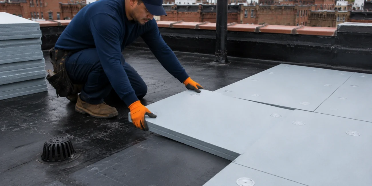 Roofing contractor installing rigid insulation boards for a cold roof system on a flat roof in Brooklyn, NY