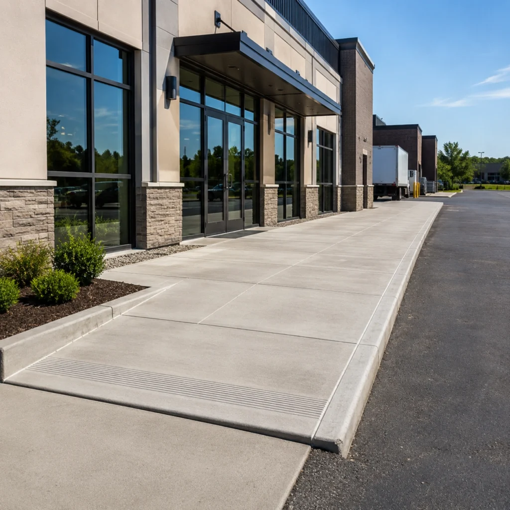 Commercial concrete walkway in front of a storefront building