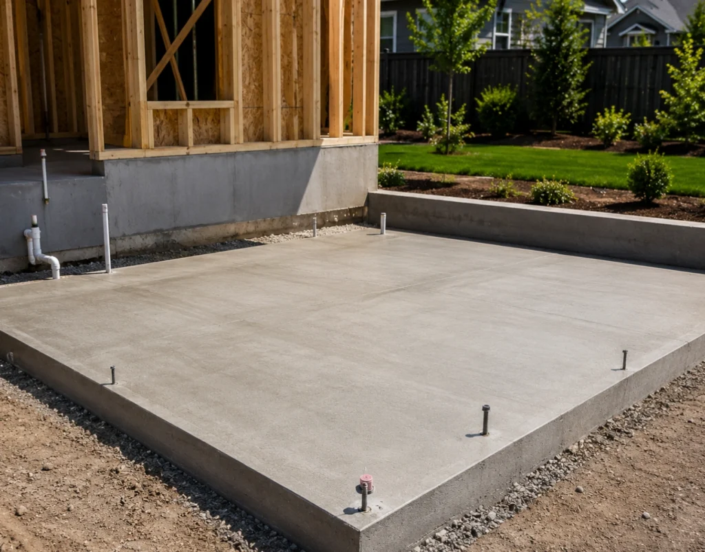 New concrete slab foundation beside a residential property