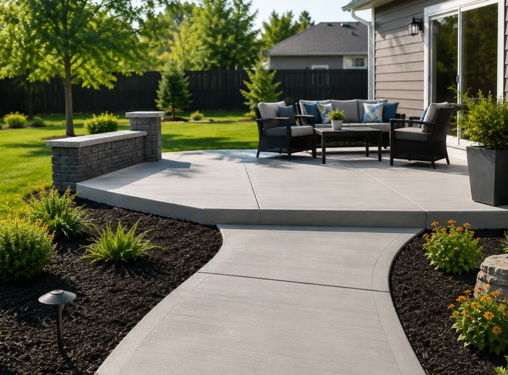 Clean concrete patio and walkway in a residential backyard