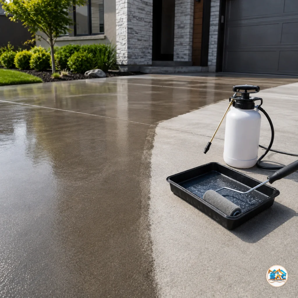 Concrete driveway being sealed for surface protection