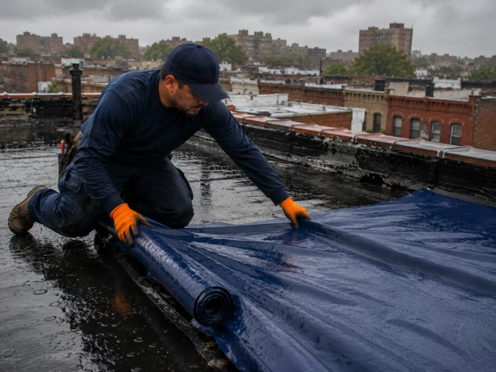 Roofing contractor deploying emergency tarp on a flat roof during heavy rain in Brooklyn, NY