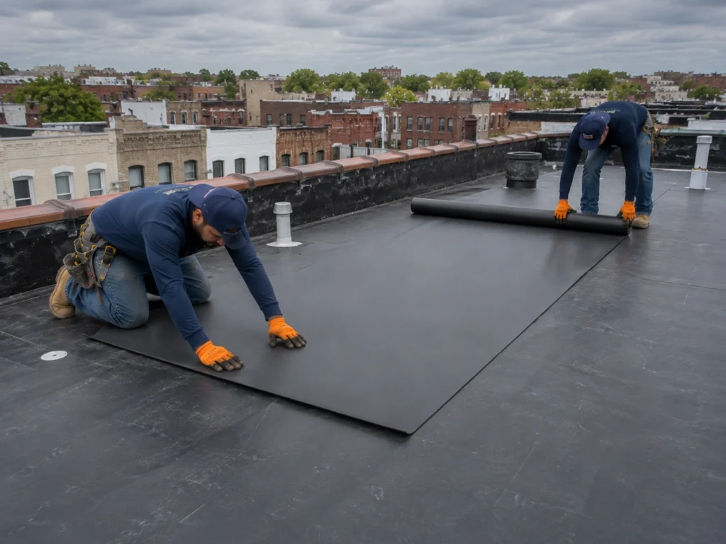 Two roofing contractors installing EPDM membrane on a flat roof in Brooklyn, NY
