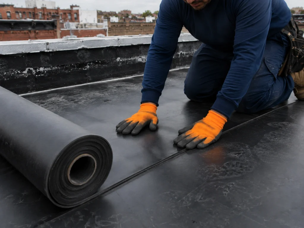 Roofing contractor rolling out EPDM rubber membrane on a flat roof in Brooklyn, NY