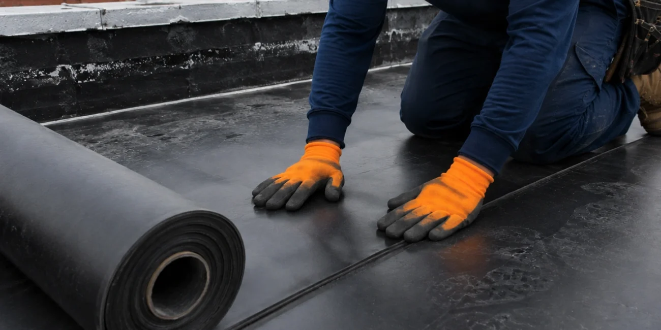 Roofing contractor rolling out EPDM rubber membrane on a flat roof in Brooklyn, NY