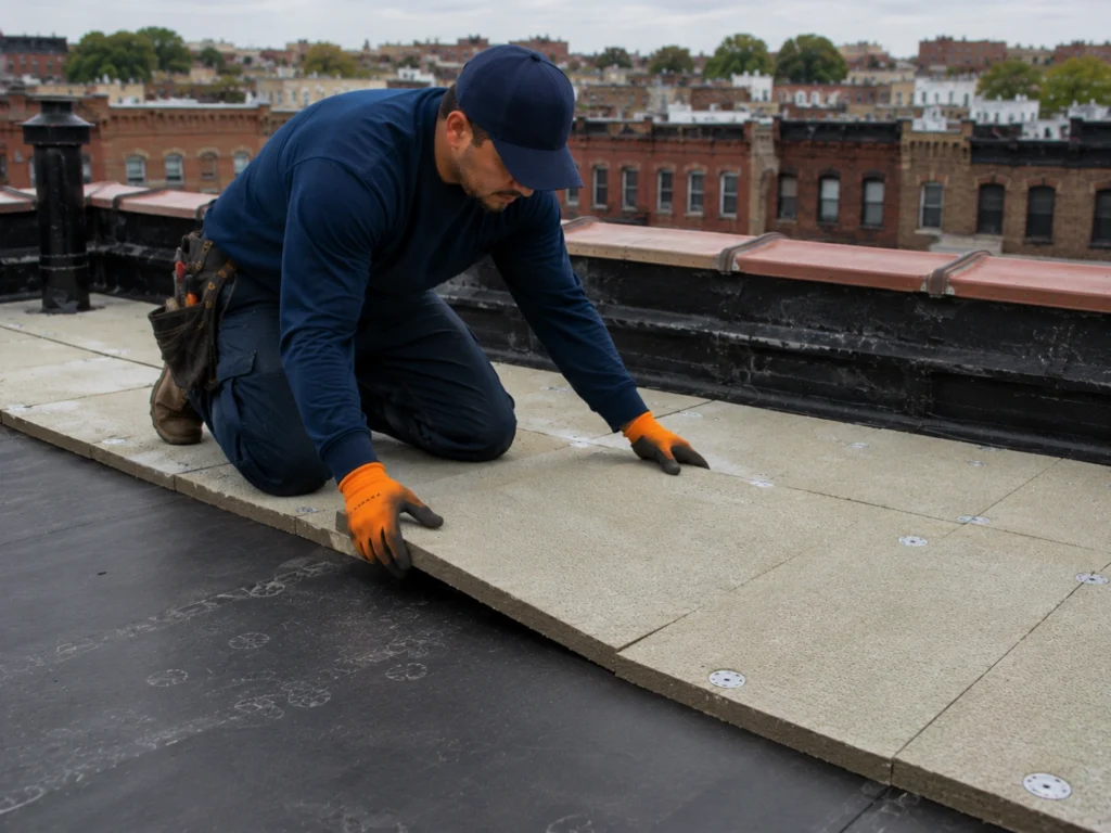 Roofing contractor installing fire-rated insulation boards for a fire roof system on a flat roof in Brooklyn, NY