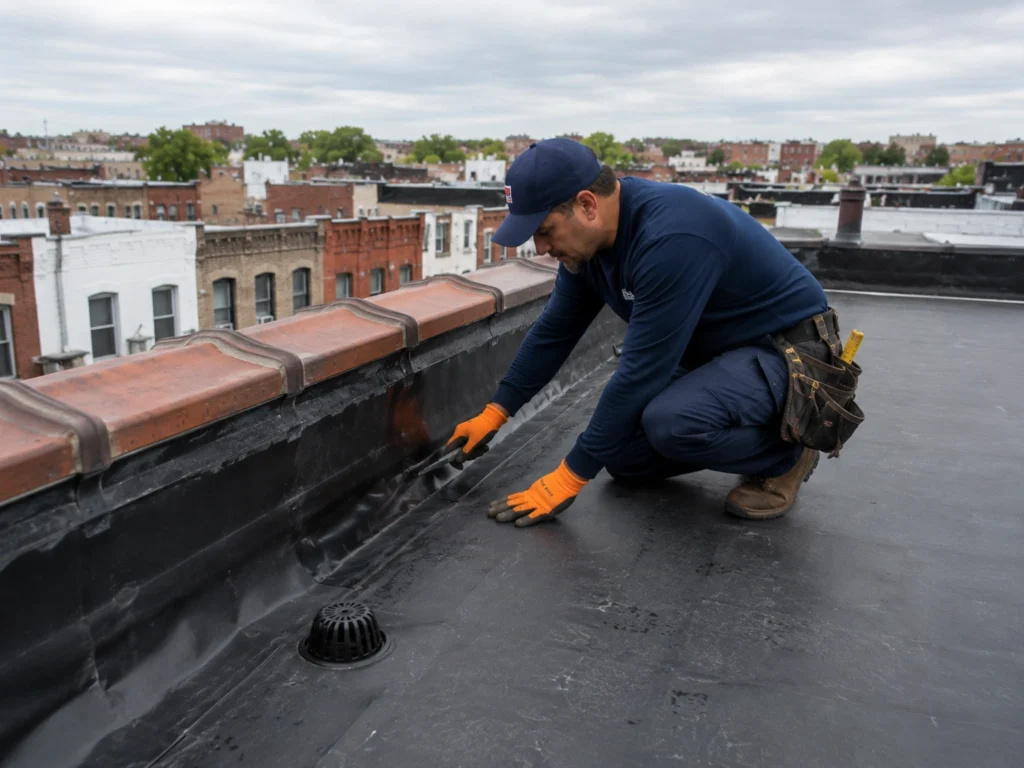 Roofing contractor repairing flashing and seams along the parapet wall of a Brooklyn brownstone flat roof