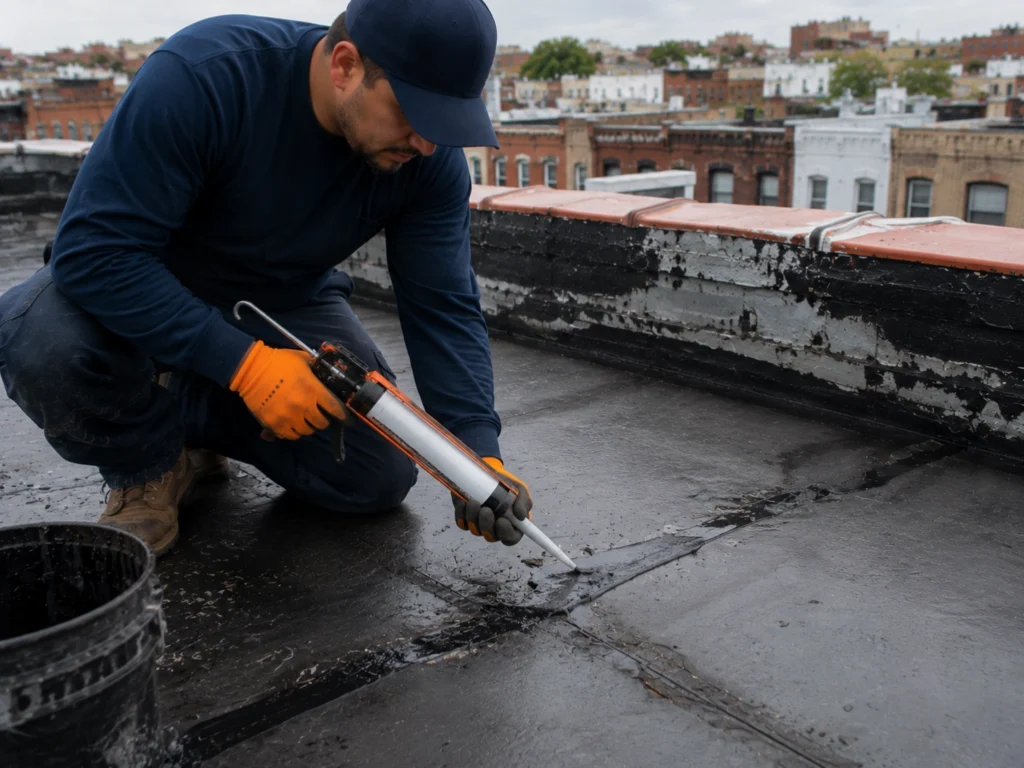 Roofing contractor sealing a cracked membrane seam on a flat roof in Brooklyn, NY