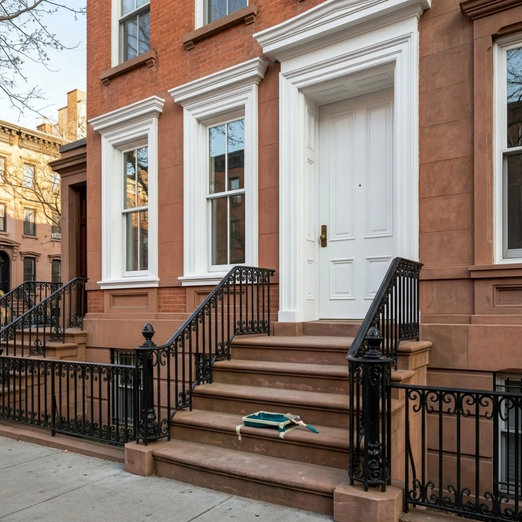 Brooklyn brownstone facade protected with white trim and masonry coating