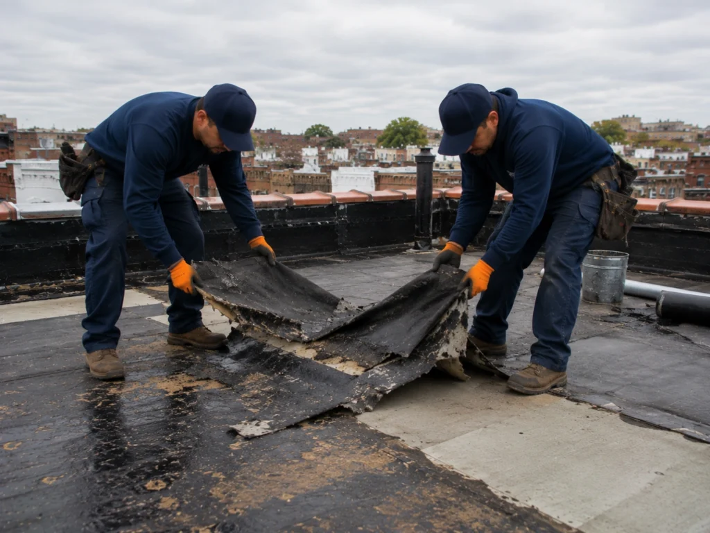 Two roofing contractors removing old deteriorated membrane during a full flat roof replacement in Brooklyn, NY
