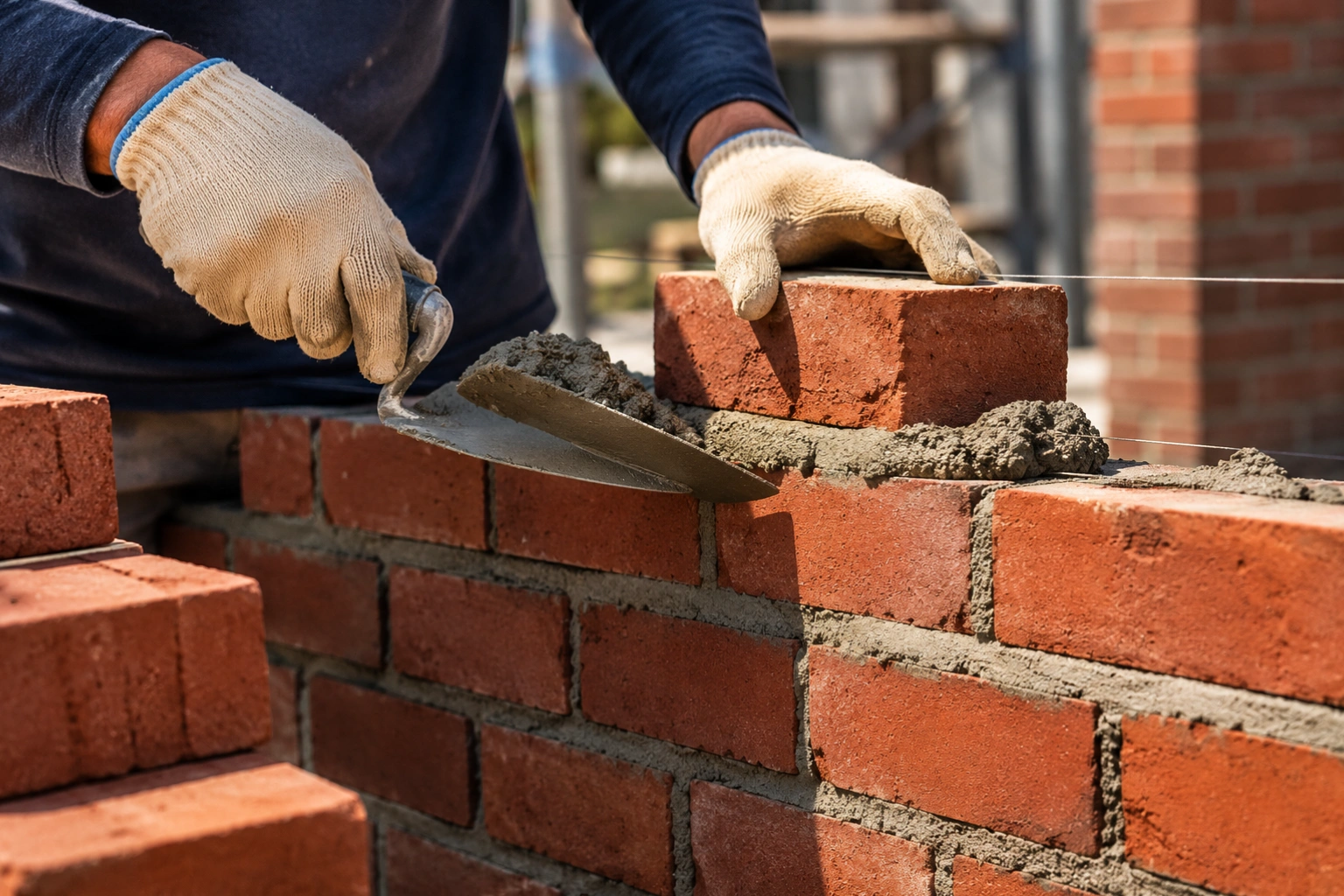 Mason repairing brick and brownstone exterior with mortar.