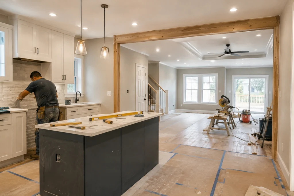Interior remodeling project with kitchen renovation and open living space construction.