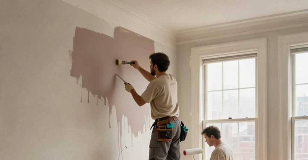 Painter applying water-based paint to an interior wall in a Brooklyn home