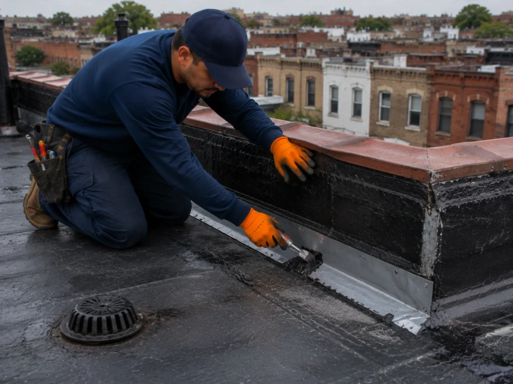 Roofing contractor repairing metal flashing and drainage on a flat roof parapet wall in Brooklyn, NY