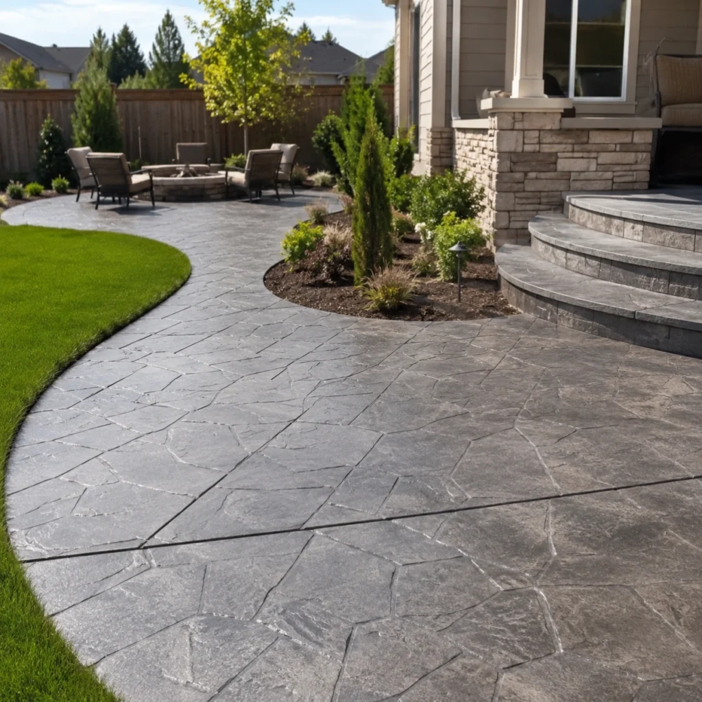 Stamped decorative concrete patio and walkway beside a residential home