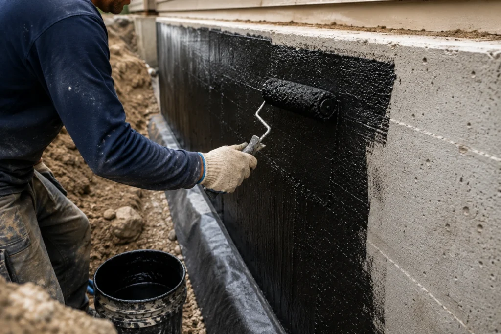 Worker applying waterproofing membrane to protect a building surface from water damage.