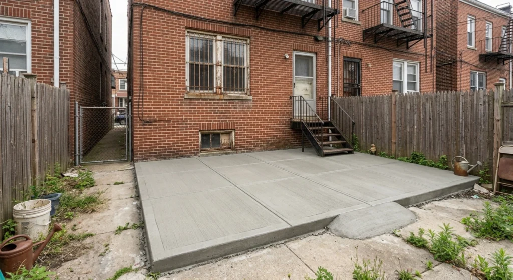 New backyard concrete slab after replacement in Flatbush, Brooklyn