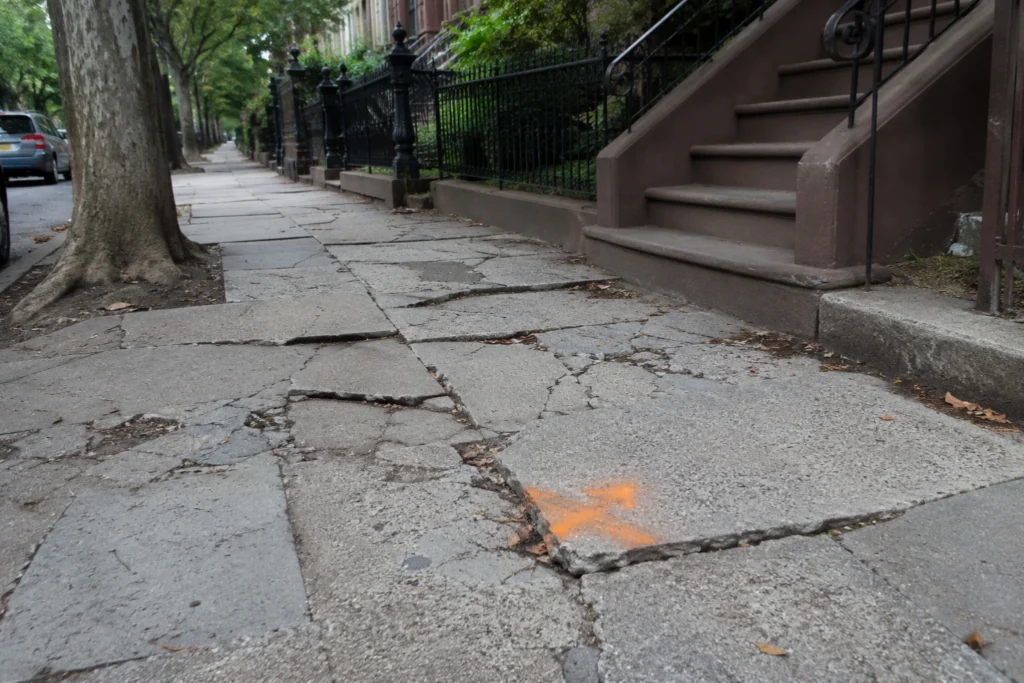 Cracked and uneven concrete sidewalk with NYC DOT violation marking in Park Slope Brooklyn