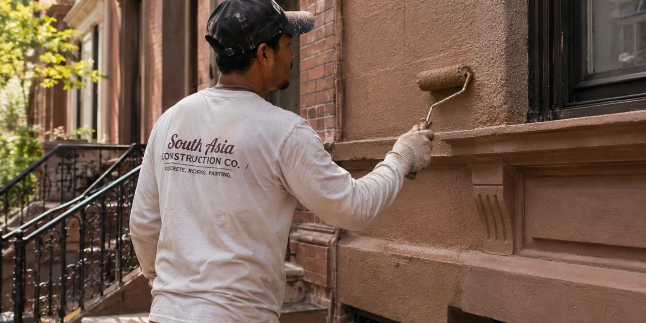 Worker applying textured masonry coating to a Brooklyn brownstone facade