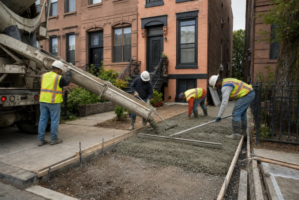 Crew pouring and leveling a concrete driveway in front of a Brooklyn home