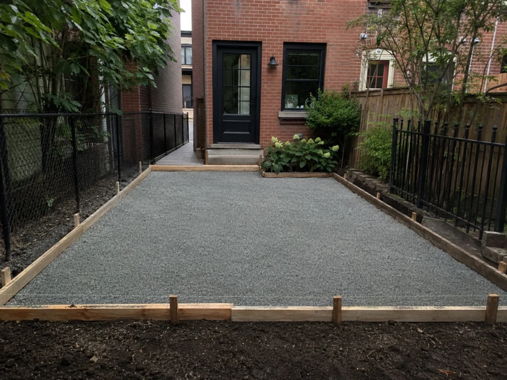 Compacted stone base and wood forms prepared for a new concrete patio at a Brooklyn brick home