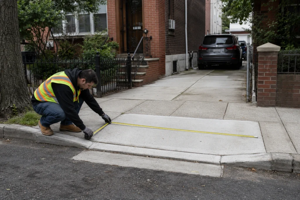Concrete contractor measuring a driveway curb cut and apron at a Brooklyn home