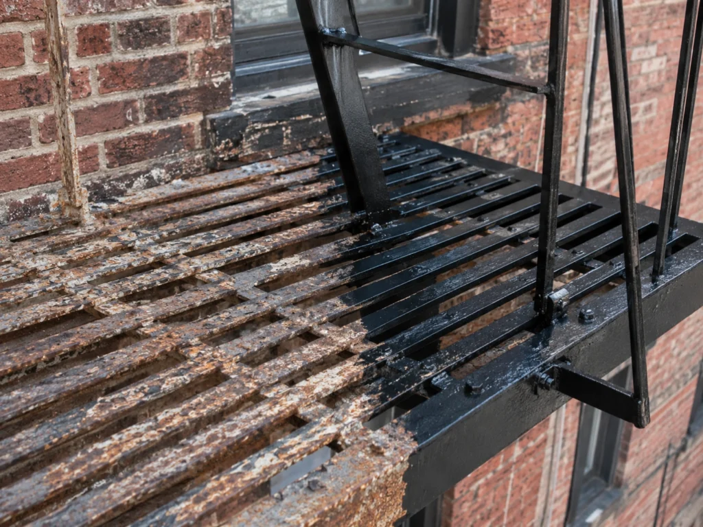 Fire escape platform being repainted with rusted metal and fresh black coating in Brooklyn