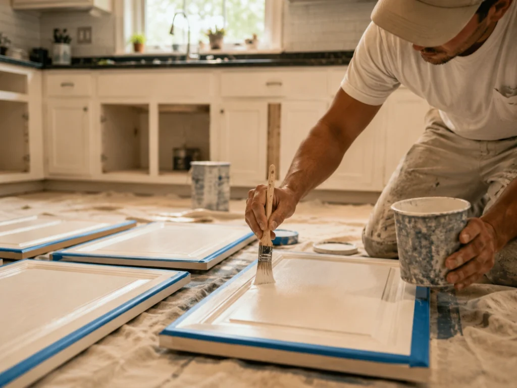 Painter refinishing white kitchen cabinet doors inside a Brooklyn home
