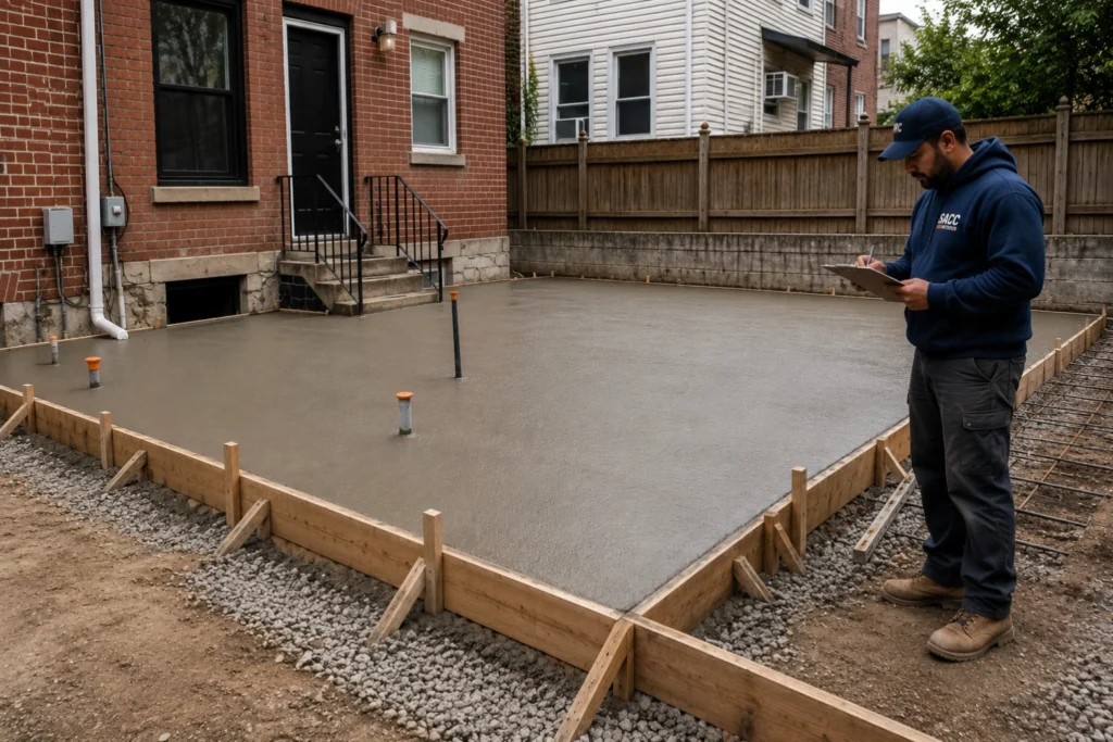 Concrete slab installation at a Brooklyn residential property