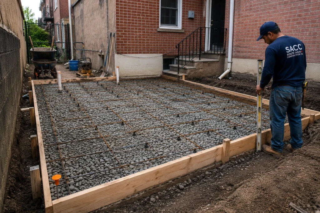 Concrete slab base preparation with rebar and compacted gravel at a Brooklyn property