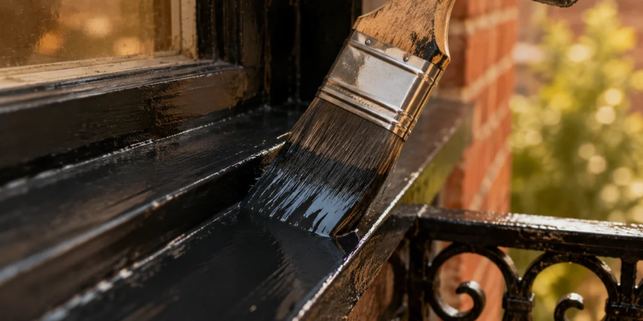 Paintbrush applying glossy oil-based paint to black window trim in Brooklyn