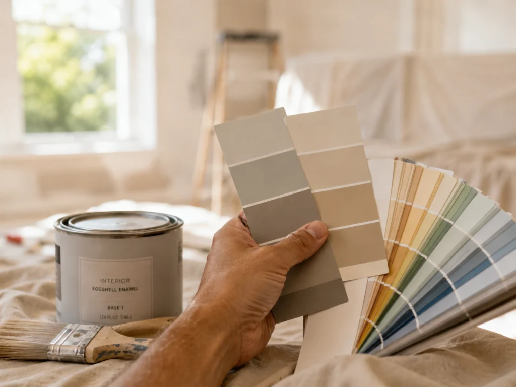 Hand holding paint swatches during a color consultation in a Brooklyn home