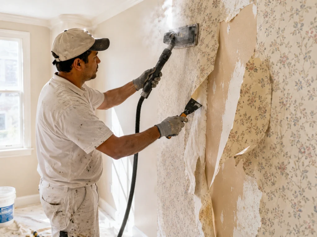 Painter steaming and removing old wallpaper from an interior wall in Brooklyn