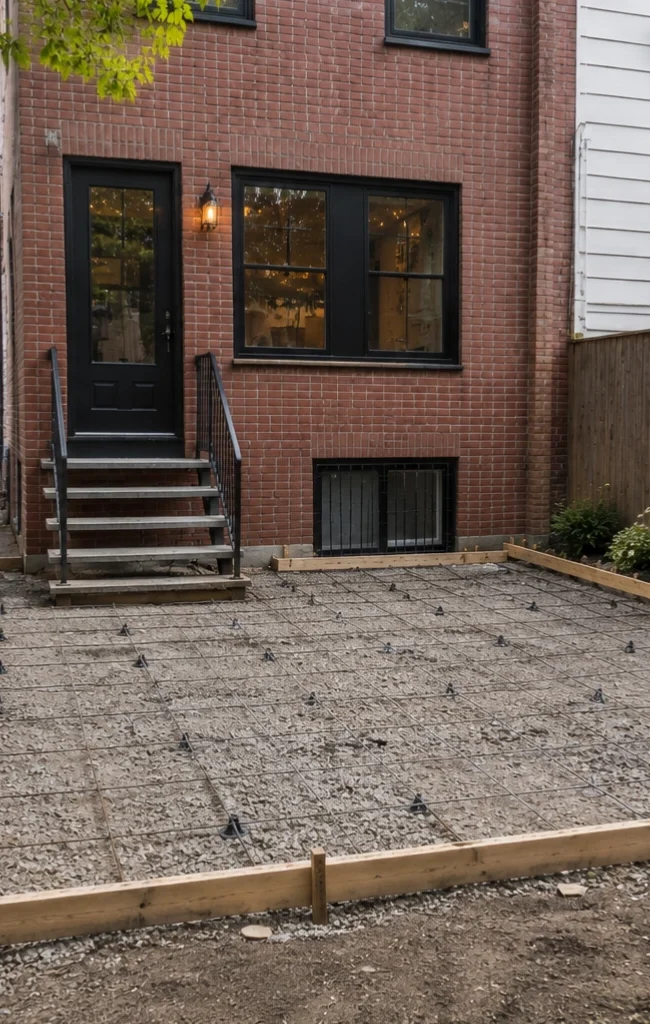Compacted base with reinforcement mesh and chairs set for a patio pour behind a Brooklyn row house